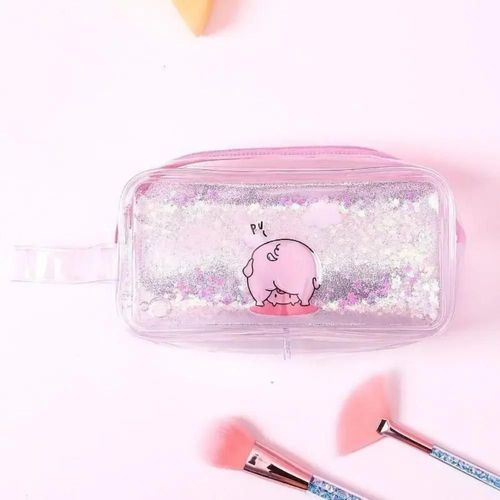 QCYL-Interrupteur sac à crayons en PVC avec paillettes de dessin animé,sac à cosmétiques de grande capacité,Pig Silver