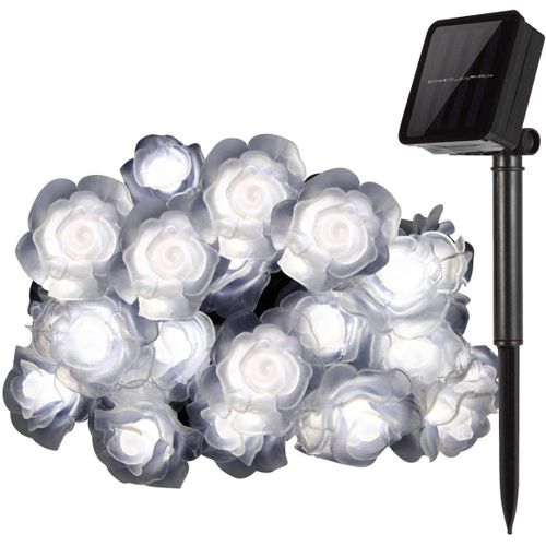 Kal-Guirlande Lumineuse Solaire, 30 Led Fleur Rose Étanche Eclairage D'ambiance Exterieur, Lumières Décorative Pour Patio Jardin Mariage Noël Fête (Blanc)