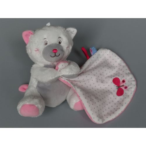 Doudou Chat Blanc Rose Gris Mouchoir Sucre D'orge