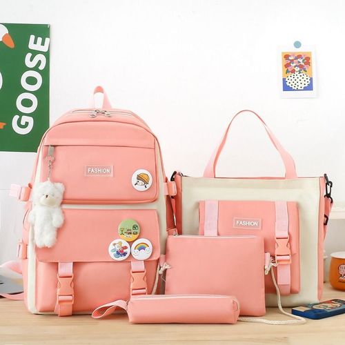 Sac à dos pour lycéens et collégiens de style Harajuku, grande capacité, 4 pièces, sac à dos à double bretelles, sac à dos d'extérieur, sans pendentif ours (rose)
