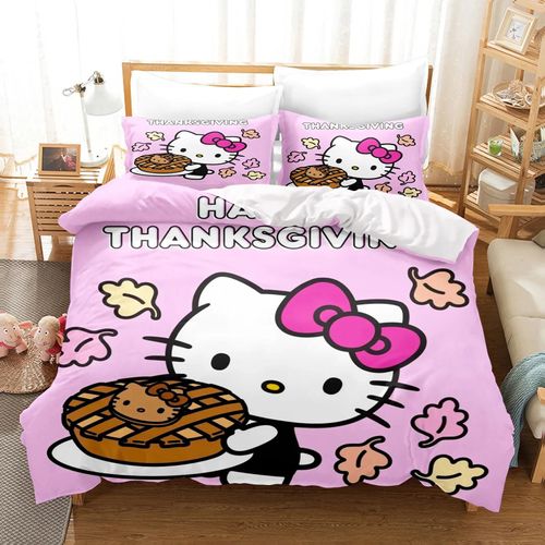 Parure De Lit Hello Kitty 3 Pieces Avec Housse De Couette Et Taie D'oreiller Pour Lit Double