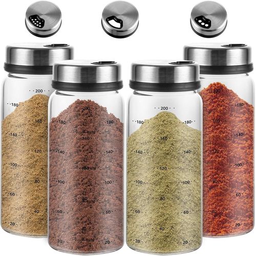 MEVRONISSHOP-4 Pièces Pot Epices Verre 200ml, Bocaux à Épices Borosilicaté, Pot pour Epices Cuisine Vide Avec Couvercle Rotatifs, Pot de Rangement pour lespour cuisine, barbecue en plein air