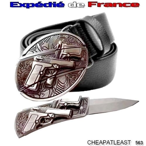 Ceinture / Ceinturon Noir À Boucle Amovible Avec Couteau Intégré Dissimulé - 2 Guns 3d Gang Gangsta West Coast Choppers Customs Biker Motard Sons Anarchy Rock Metal Rap -