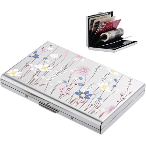 Porte Carte de Crédit en Métal avec Blocage RFID pour Hommes et Femmes, Fin Portefeuille Carte de Crédit en Acier Inoxydable pour 6 Cartes. (6 Cartes/Argent/Fleur)