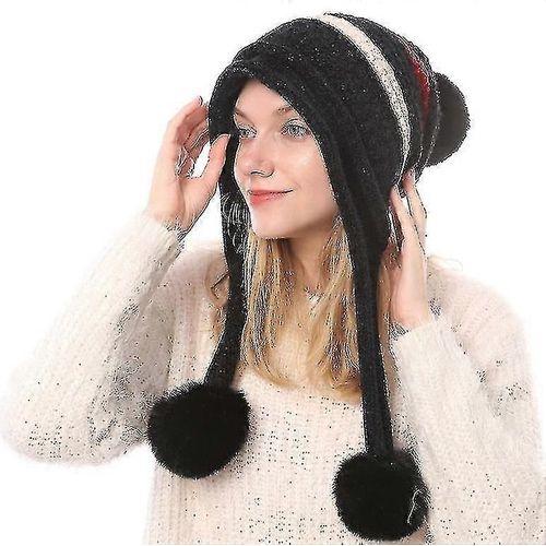 (Adulte-Femme-Noir) Bonnet Péruvien À Oreillettes Pour Femme, Bonnet Tricoté À Pompon, Bonnet De Ski D'hiver, 1 Pièce
