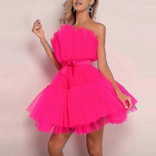 (40-Adulte-Femme-Corail) Robe En Tulle Pour Femme, Courte, Sans Manches, En Maille Unie, Robe De Princesse, Robe De Soirée Sans Bretelles_Y A