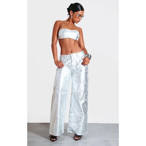 Pantalon Large En Jean Effet Texturé Argenté, Argenté