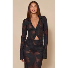 Tall Chemise Ajustée En Mesh Noir Transparent Fleuri, Noir