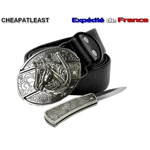 Ceinturon / Ceinture À Boucle Amovible Avec Couteau Intégré - Thème Équin Équitation Amoureux Des Chevaux Fer À Cheval Cowboy Western Country Madison Manade Cavalier - Simili Cuir Noir