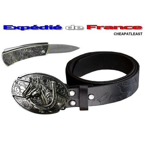 Ceinturon / Ceinture À Boucle Amovible Avec Couteau Intégré - Thème Équin Équitation Amoureux Des Chevaux Fer À Cheval Cowboy Western Country Madison Manade Cavalier - Simili Cuir Noir