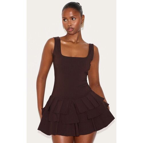 Combishort Jupe Short Tissé Stretch Chocolat Plissé, Chocolat