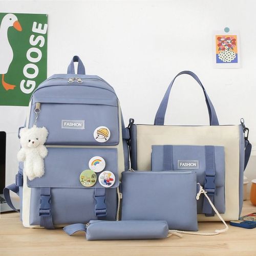 Cartable femme harajuku grande capacité collégiale et secondaire 4 pièces sac à dos sac à dos extérieur (bleu)