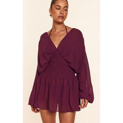 Mini Robe De Plage En Mousseline De Soie Violette À Taille Froncée, Violet