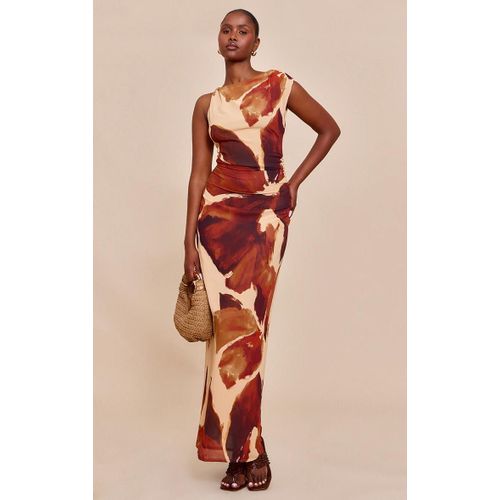 Robe Longue En Mousseline De Soie Marron Fleurie Froncée, Marron