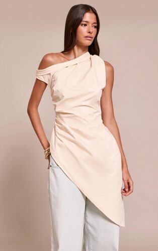 Top En Coton Crème À Épaule Unique Et Ourlet Asymétrique Exagéré, Crème