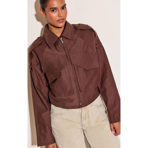 Chocolat Trench Détail Cropped Fermeture Éclair Up Veste, Chocolat