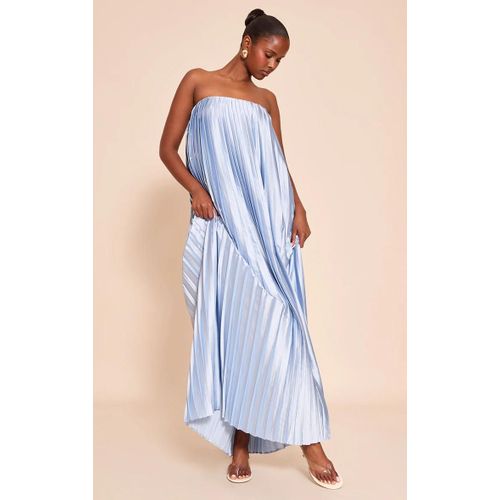 Robe Bustier Longue Satinée Bleu Clair Plissée, Bleu Clair