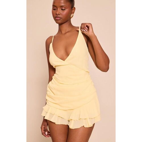 Combishort Texturé Jaune Citron À Col En V Et Volants, Jaune Citron