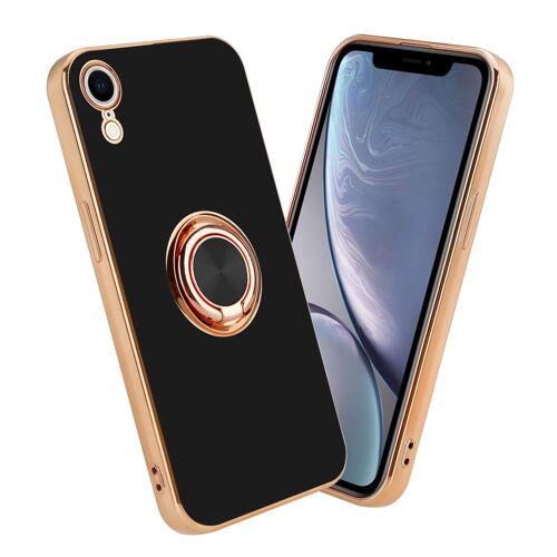 Cadorabo Housse compatible avec Apple iPhone XR en Glossy Noir - Or avec anneau - Étui de protection en silicone TPU flexible, avec protection pour appareil photo et support voiture magnétique