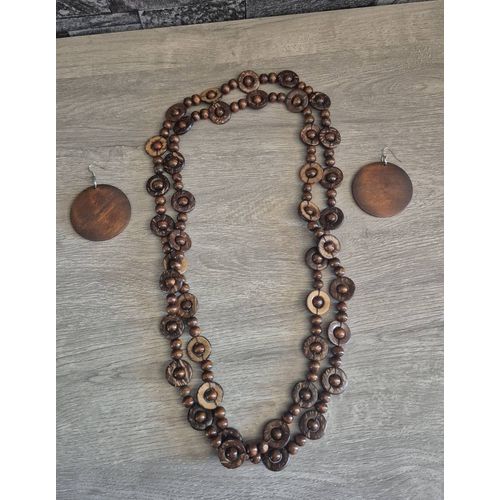 Collier + Paire De Boucle D'Oreilles En Bois Artisanale