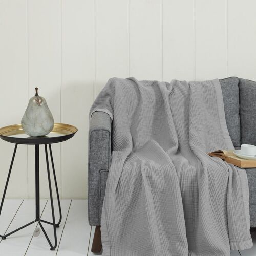 Plaid Gansé En Gaze De Coton Gris Perle 130x170 Cm