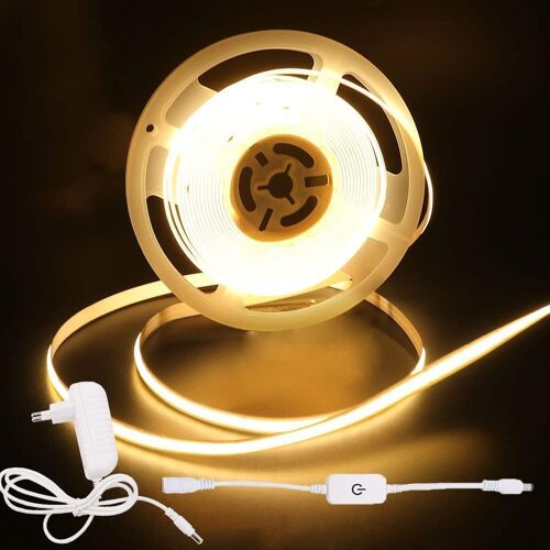 TRAHOO-12V COB LED Bandes Blanc Chaud ,5m 320LEDs Gradateur Bande lumineuse COB 3000K TV Rétroéclairage ,Europe Bouchons ,Ruban LED Flexible pour Armoire, Chambre, Éclairage Maison DIY (4 mètre, Blan