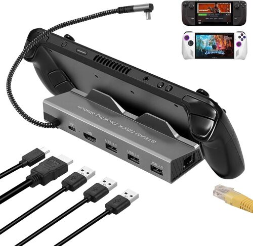 acdsgd-Station d'accueil pour Steam Deck ROG Ally, 6 en 1 Steam Deck Dock avec HDMI 2.0 4K @ 60Hz, Gigabit Ethernet 1000 Mbps, 3 USB-A 3.0 et 100 W Full Speed Charging USB-C Port Compatible avec Valve Steam