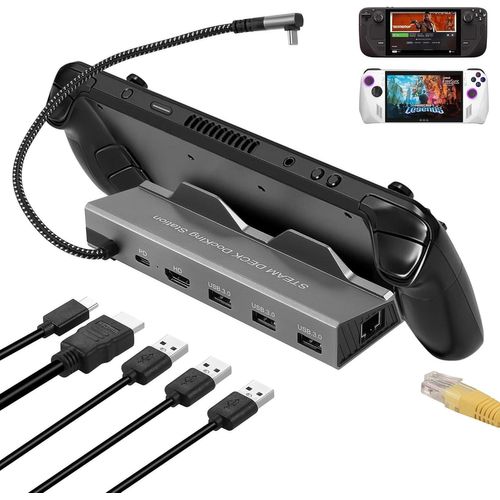 Station D'Accueil Pour Steam Deck Rog Ally,6 En 1 Steam Deck Dock Avec Hdmi 2.0 4K @ 60Hz,Gigabit Ethernet 1000 Mbps,3 Usb-A 3.0 Et 100 W Full Speed Charging Usb-C Port Compatible Avec Valve Steam