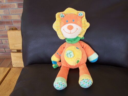 Doudou Lion Nicotoy Orange Et Jaune - Foulard Vert