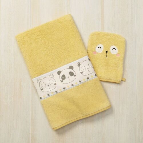 Serviette De Bain Enfant Et Gant De Toilette Jaune 50x90 En Coton