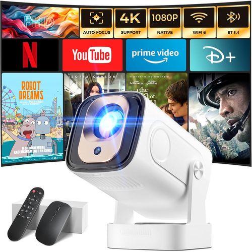 Vidéoprojecteur 2025 [Auto Focus & 1080P Natif & Apps Intégréess] Rétroprojecteur 4K Auto Correction Wifi 6 Bt 5.4 Mini Projecteur Portable Compatible Avec Hdmi/Tv Stick/Memory Stick/Laptop, Blanc