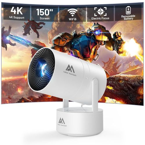 [Batterie Intégrée] Mini Vidéoprojecteur 4K Home Cinéma, Mini Projecteur, Vidéoprojecteur Wifi6 Et Bt5.2 Avec Android Os, Correction Trapézoïdale Automatique, Angle De 180 Degrés, Écran