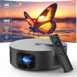 Videoprojecteur 4K, Full Hd 1080P 9000 Lumens, Mise Au Point Électrique, Correction Automatique Du Trapèze, Vidéoprojecteur Avec Wifi6 & Bluetooth 5.0, Projecteur Fermé Home Cinema (Noir)