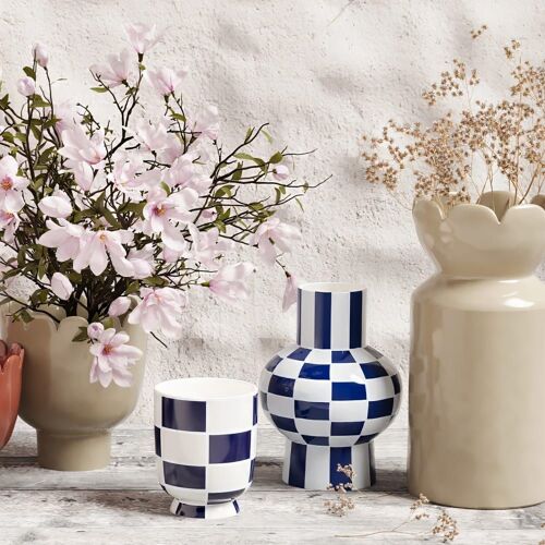 Vase céramique motif damier bleu 20cmx15cm
