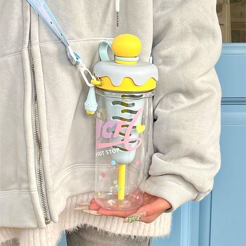 Gobelet à eau en forme de cornet de glace pour fille, avec sangle, séparateur de thé, grande capacité, paille, en plastique, pour le sport (bleu)