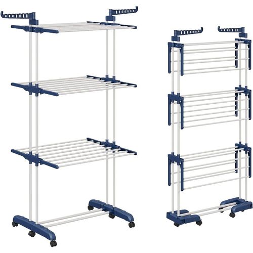 jum-Étendoir À Linge Tour Pliable Avec 6 Ailes Pliables Sur 3 Niveaux,Longueur 66-130Cm,Pieds Pliants Pour Économiser De L'Espace À L'Intérieur Et À L'Extérieur De LaMaison(Bleu Et Blanc)