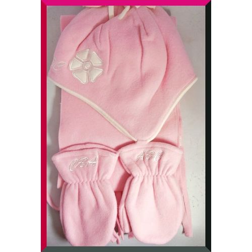 Ensemble Bonnet, Écharpe Et Moufle Bébé - Coloris Rose -