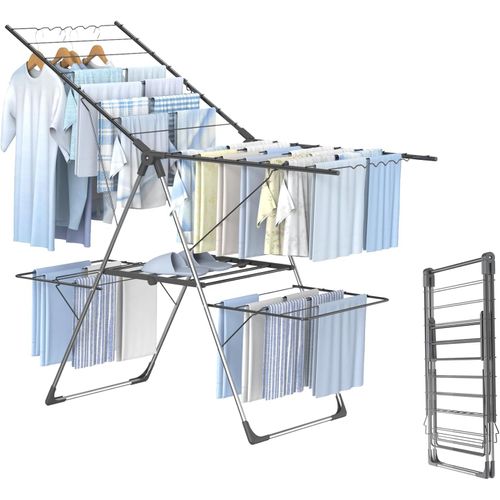 SUBZONAL-Innotic Étendoir Linge Intérieur Extérieur, Séchoir à Linge Pliable à 2 Niveaux, 4 Ailes Réglables en Hauteur, Tancarville Linge XXL, 3 Secondes Déplier ou Plier, 33 Barres, Gris