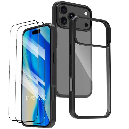 Coque + 2 Verres Trempés pour iPhone 17 Pro Max, Antichoc Silicone Noir avec Dos Transparent en PC Rigide - EFConnection