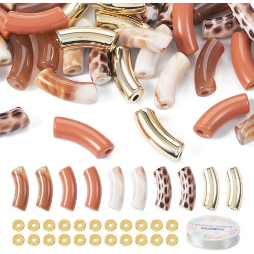 Tianyi-Pandahall Perles Tubulaires Opaques Incurvées En Acrylique Motif Léopard Avec Cordon Élastique En Laiton Pour La Fabrication De Bracelets Et De Bijoux