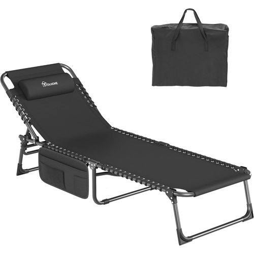 Chenquansarl-Bains De Soleil 190x60x31 Cm Cha Longue Réglable En 4 Positions, Transat Jardin Exterieur Avec Appui-Tête Et Poche Latérale Capacité De Charge 300lbs Pour Jardin, Piscine, Camping, Noir