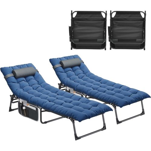 Chenquansarl-Lot De 2 Bains De Soleil Avec Coussin 190x68x31cm Cha Longue Réglable En 4 Positions, Transat Jardin Exterieur Avec Appui-Tête Capacité De Charge 200kg Pour Jardin, Piscine, Bleu