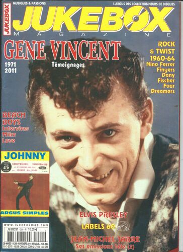 Jukebox Magazine 01/11/2011 Gene Vincent, Elvis Presley, Jean-Michel Jarre, Beach Boys, Hallyday, Nino Ferrer, Fingers, Brassens, Bécaud, Beatles, Lesplayers, Polnareff, Claire Ferval, Jimi Hendrix