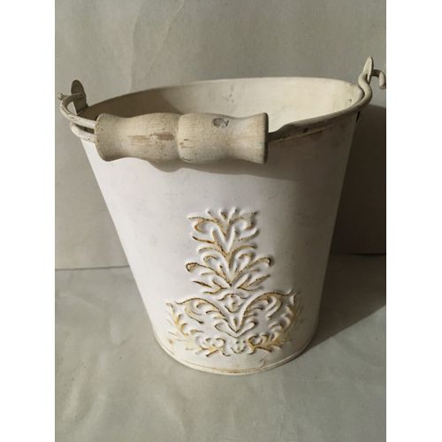 Cache Pot Ecru Metal Shabby Chic Avec Anse
