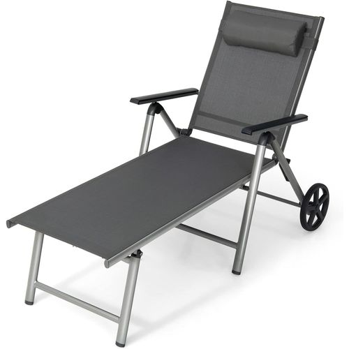 Chenquansarl-Transat Jardin Exterieur Pliante En Aluminium, Bain De Soleil Inclinable Avec Dossier Réglable 7 Positions Et Appui-Tête Amovible, 2 Roues Pour Déplacer, Idéal Pour Balcon, Terrasse, Pis