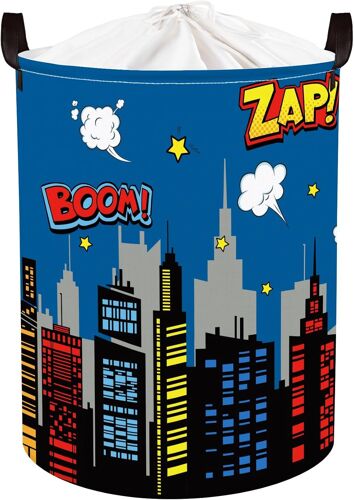 MEVRONISSHOP-45L Grand Corbeilles à Linge Bleu Ville Horizon Pour Garçon Fille avec Poignée Paniers à Linge Sale Repliable Vêtements Jouets avec Couvercle Pour Salle de Bain Chambre à Coucher