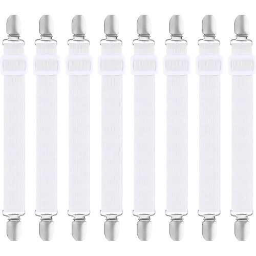 ChenQuanSarl-8Pcs Tendeurs De Drap Réglables Pour Drap De Lit Tendeurs Élastiques Réglables Pour Drap De Lit Avec Pinces Métalliques Tendeurs Pour Draps Matelas Planche À Repasser White
