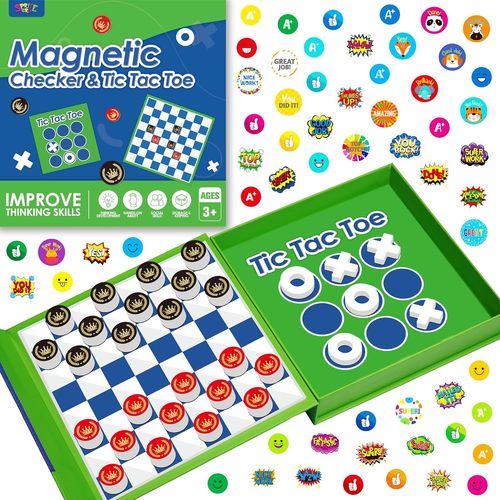 Chenquansarl-Jeu De Dames 2 En 1 Magnétique - Dames Et Morpion, Jeu De Voyage De Dames En Mousse Épaisse Avec 59 Autocollants De Récompense Pour Jeunes Enfants De 3 Ans Et Plus