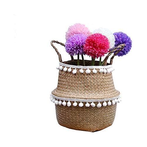 MEVRONISSHOP-Panier de rangement en jonc de mer naturel - Panier nombril en jonc de mer avec pompon pliable tissé avec poignée pour le linge, les jouets ou les jardinières, chambre d'enfant, Style#5,