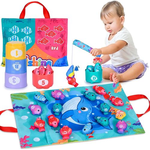 Chenquansarl-Jouet Pour Enfants - Ensemble De Pêche Pour 1 - 3 Ans - Canne À Pêche, 15 Poissons, 5 Seaux, 1 Sac De Rangement